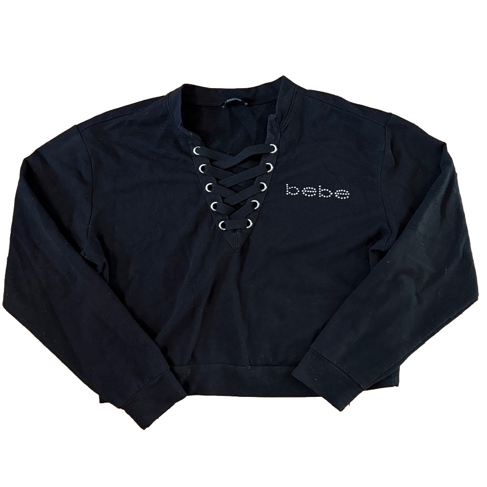 Bebe Black Lace-Up Crop Top Size Small Y2K Bling - Picture 2 of 7